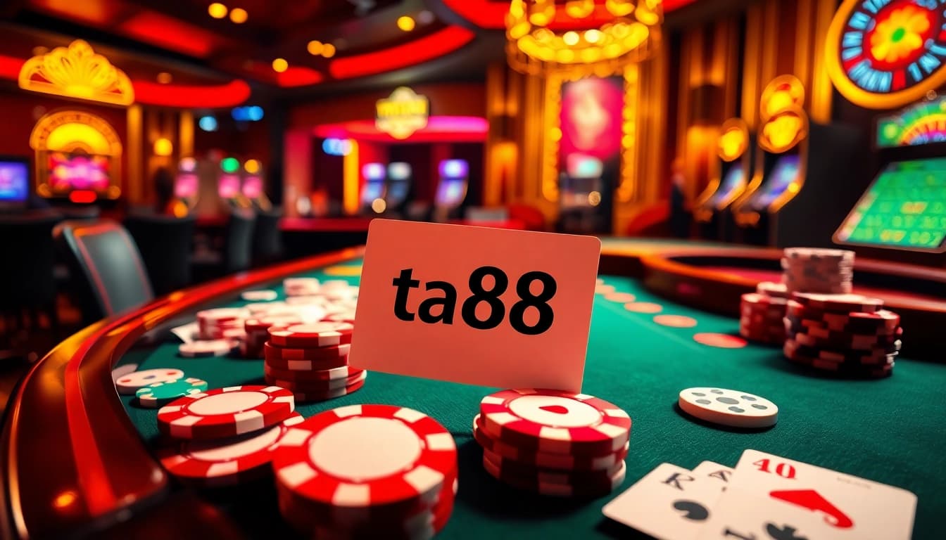 Experience thrilling casino action at ta88 with poker chips and playing cards on a vibrant gaming table.