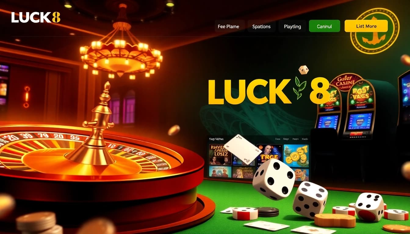 LUCK8 online casino showcasing vibrant slot machines and poker chips in an elegant gambling interface.