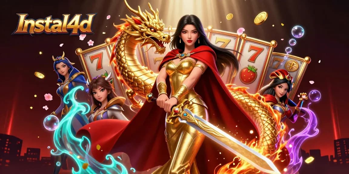 Play with luck at Instal4d, showcasing a vibrant 3D casino scene filled with slots and exciting symbols.