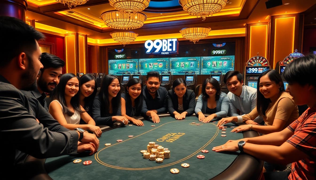Players enjoying a tense poker game at 999BET casino, featuring sleek tables and vibrant atmosphere.