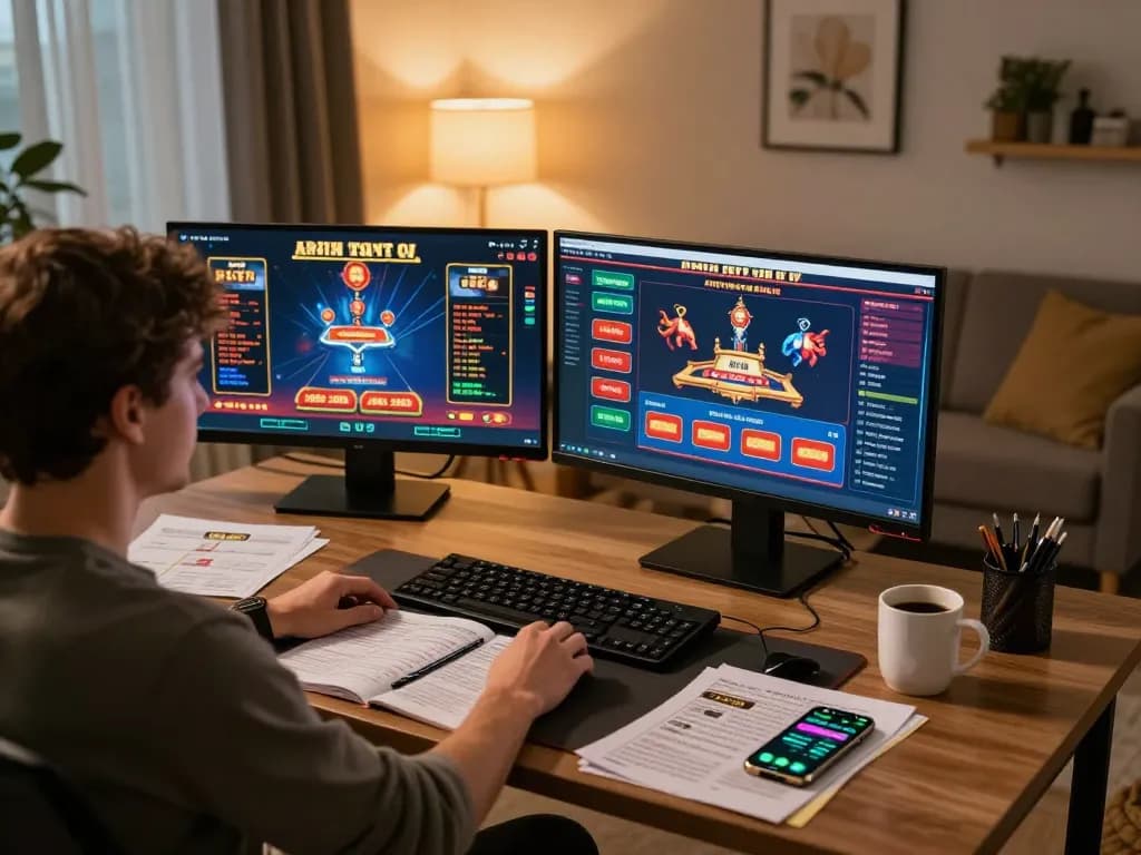 Player engaging with gg88 casino app in a cozy home office atmosphere.