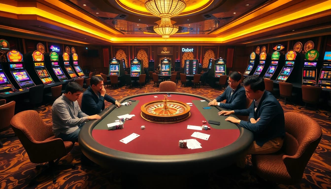 Dabet offers an exciting poker game experience with poker chips and betting slips on a lavish table.