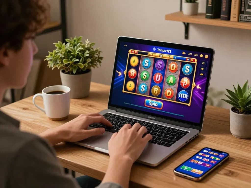 Pengalaman bermain slot online yang menarik dengan Tempo123 di laptop dalam suasana rumah yang nyaman.