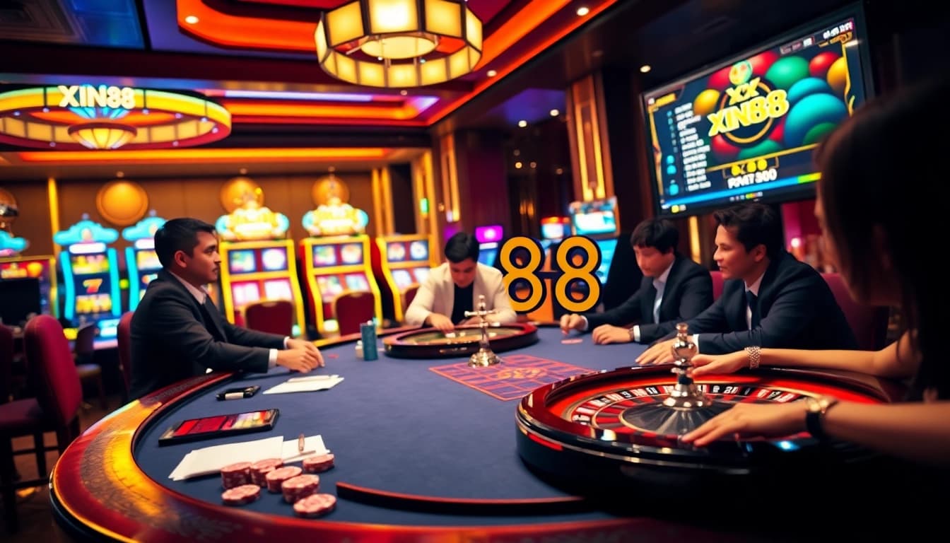 Xin88 showcases a thrilling poker game in a professional casino atmosphere, featuring vibrant tables and engaging players.