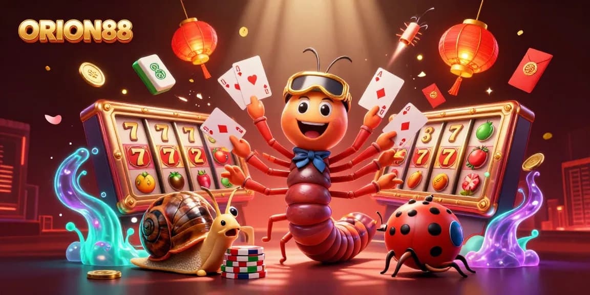 Engage with ORION88's immersive slot adventure featuring a lively millipede dealer and colorful casino elements.