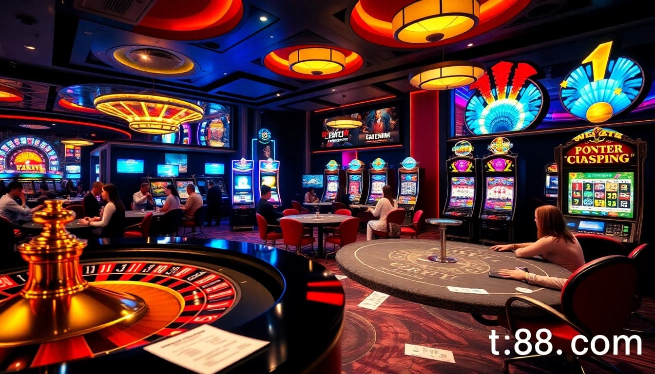 Experience the thrill of gaming at tg88.com, featuring engaging poker tables and vibrant slot machines.
