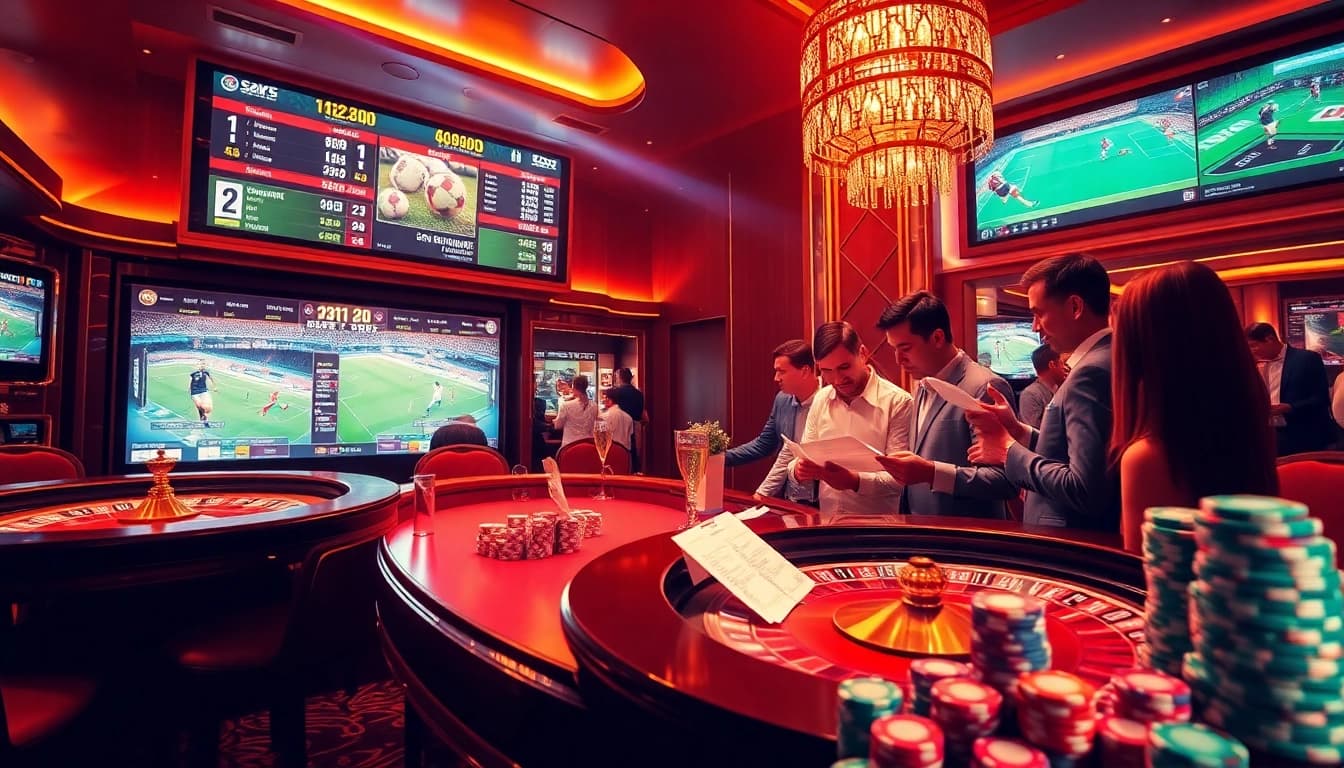 Agen Judi Bola betting scene with enthusiastic bettors reviewing odds and betting slips in a luxurious casino setting.