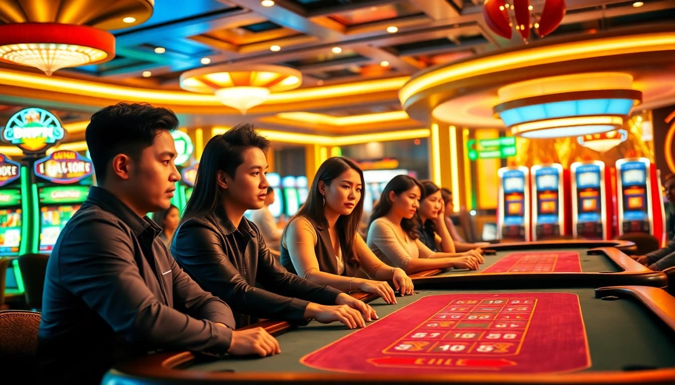 Engaged players enjoying the thrill of uu娱乐 at a casino table with vibrant decor.