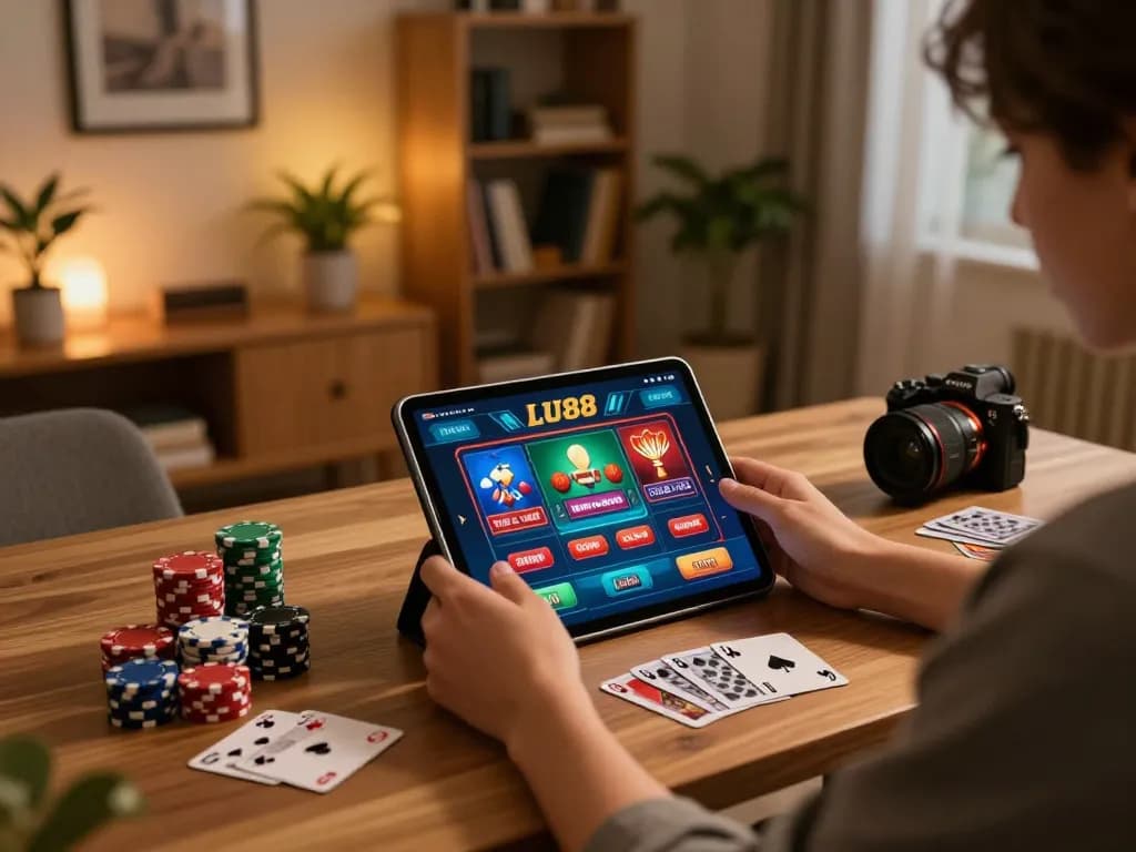 Player engaging with LU88 casino app on tablet at stylish home desk