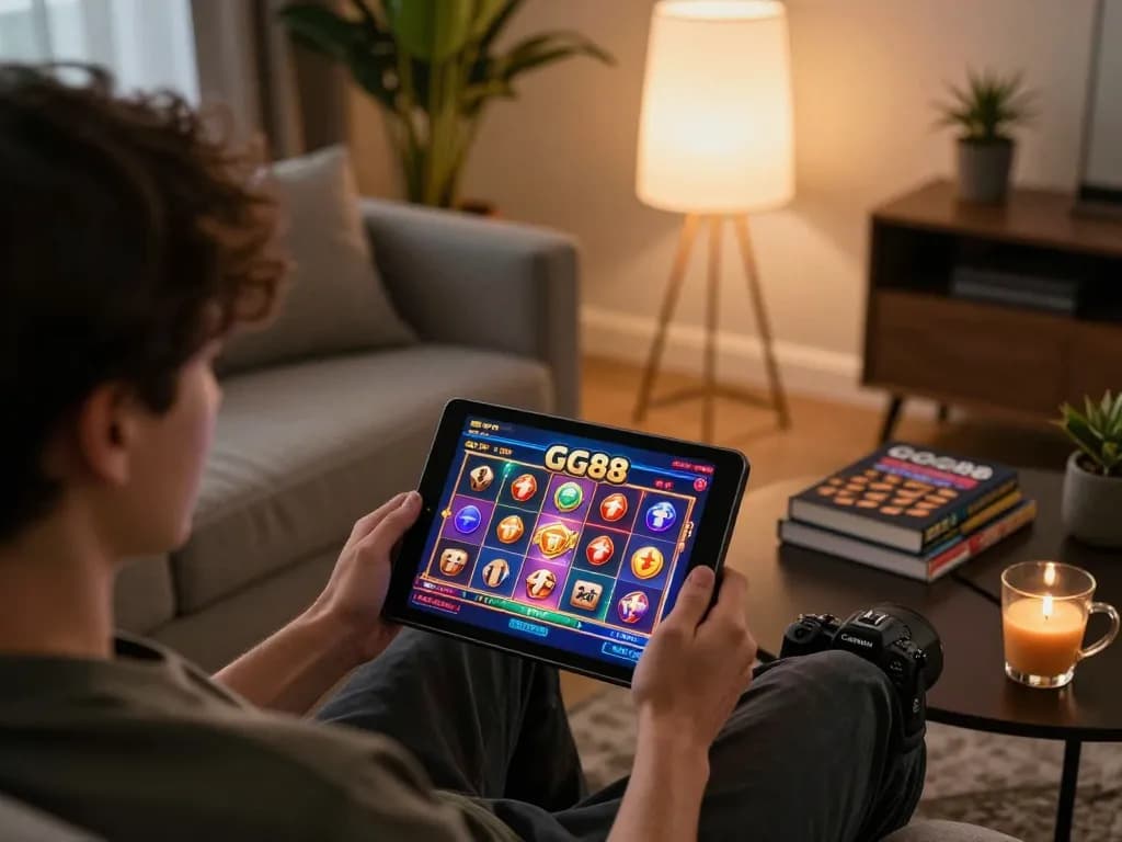 Engaging GG88 online gaming experience with a player enjoying a slot game on a tablet.