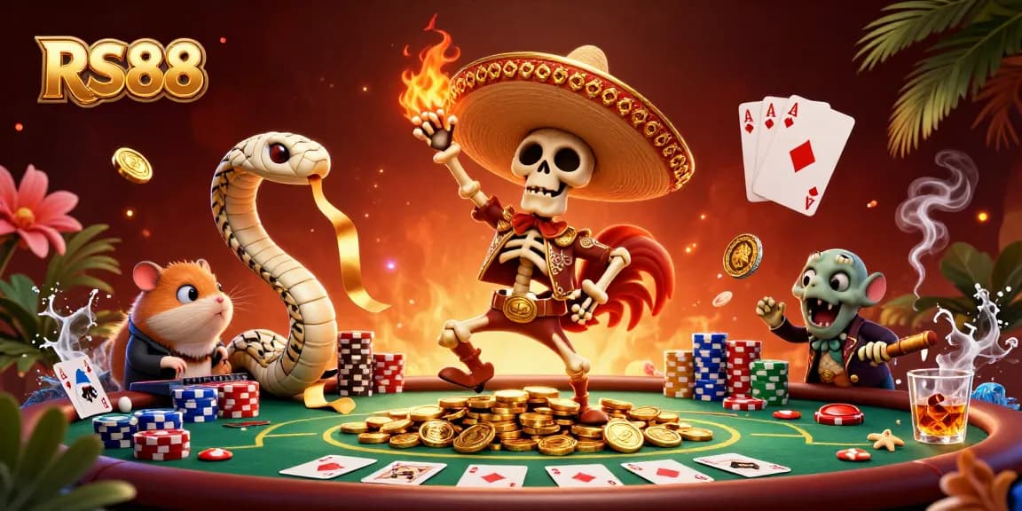 RS88 celebrates gaming victories with a vibrant scene featuring animated skeletons, poker chips, and thrilling casino elements.