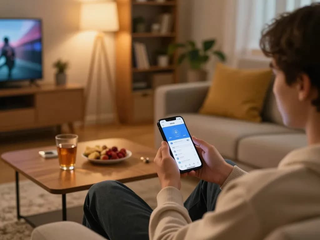 Player engaging with the rikvip app on smartphone, showcasing online casino gaming in a cozy home setting.