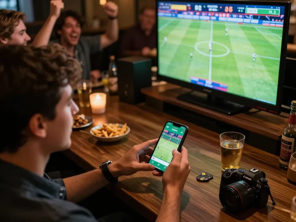 Person placing bets on the MMOO app during a live sports event, creating an exciting atmosphere.