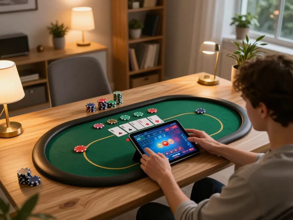 Person utilizing nk88 com on a tablet during online poker in a cozy home setting