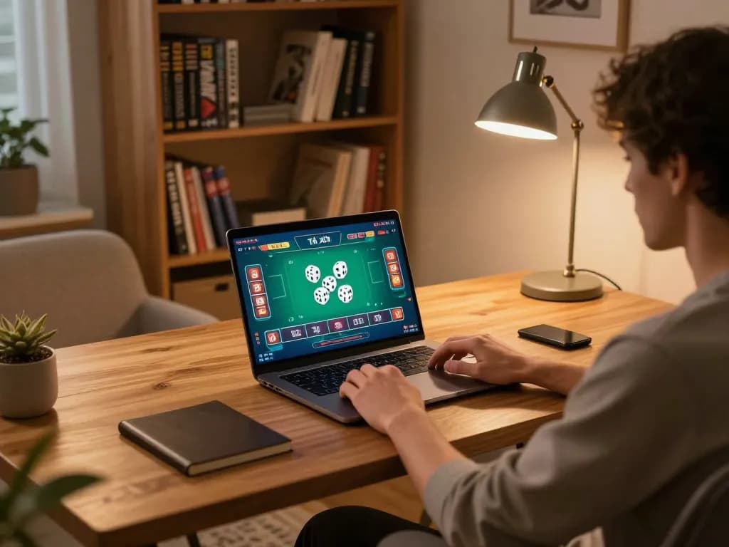 Tài xỉu online gaming experience on a laptop in a warm home office setting.