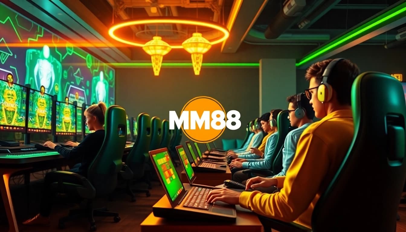 MM88 players enjoying diverse online casino games in a vibrant, modern gaming setup