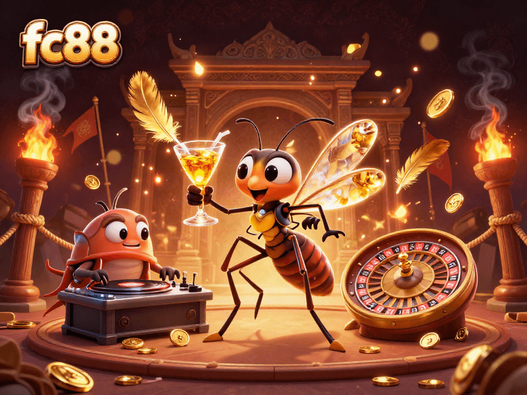 Trải nghiệm casino hấp dẫn với mascot fc88, DJ hóa thạch và vòng quay roulette vàng.