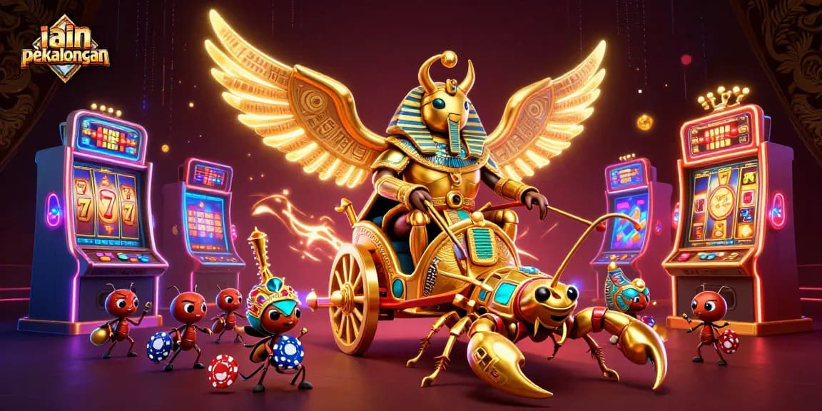 Engage with IAIN Pekalongan's majestic casino-themed illustration featuring vibrant slot machines and a glowing scarab guardian.