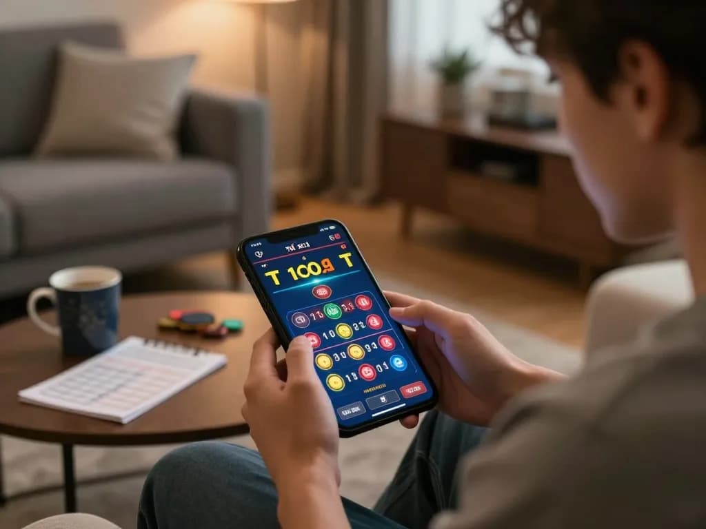 Tài xỉu online game being played on a mobile device in a cozy living room setting, highlighting strategic gameplay.