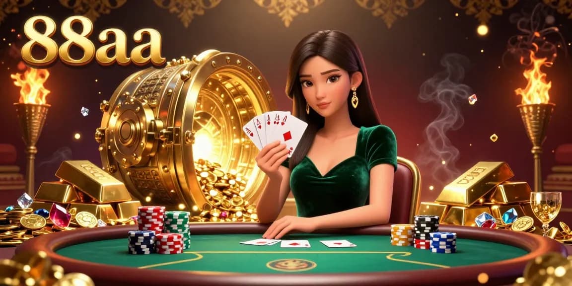 Experience the excitement of 88aa online gaming with a glamorous poker scene featuring stacked chips and golden treasures.