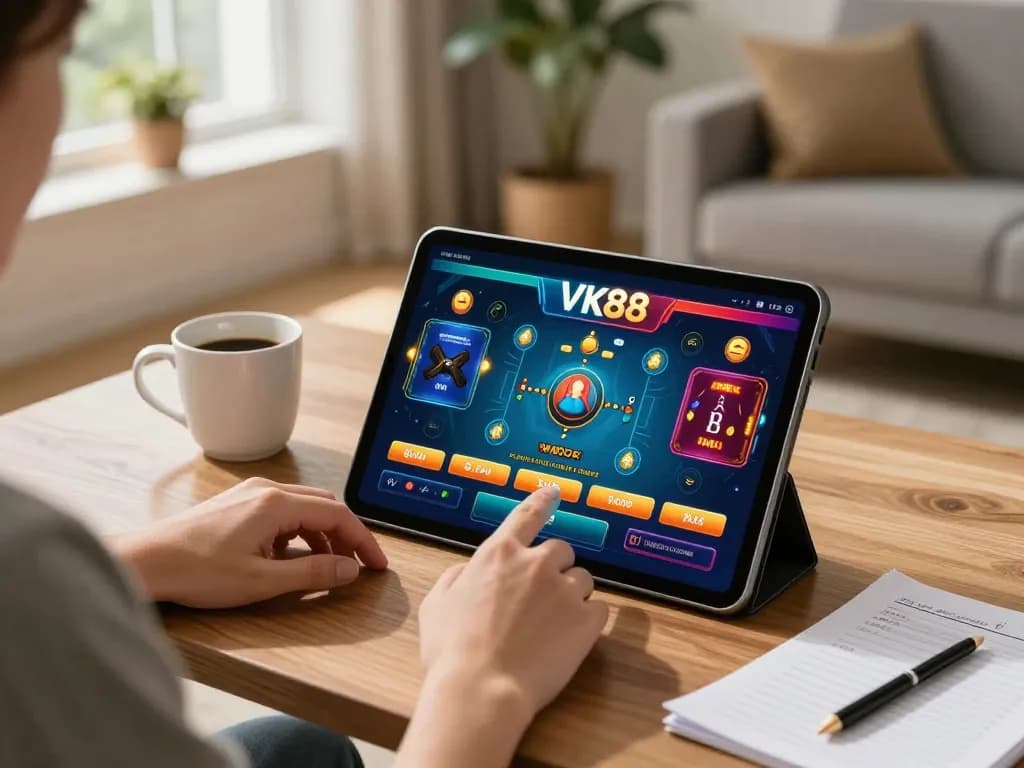 Engaging gameplay on VK88 online casino tablet interface in cozy home setting.
