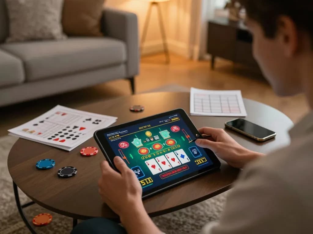 Engaged player enjoying online blackjack on tablet at home, exploring winning strategies with 45678 gaming platform.