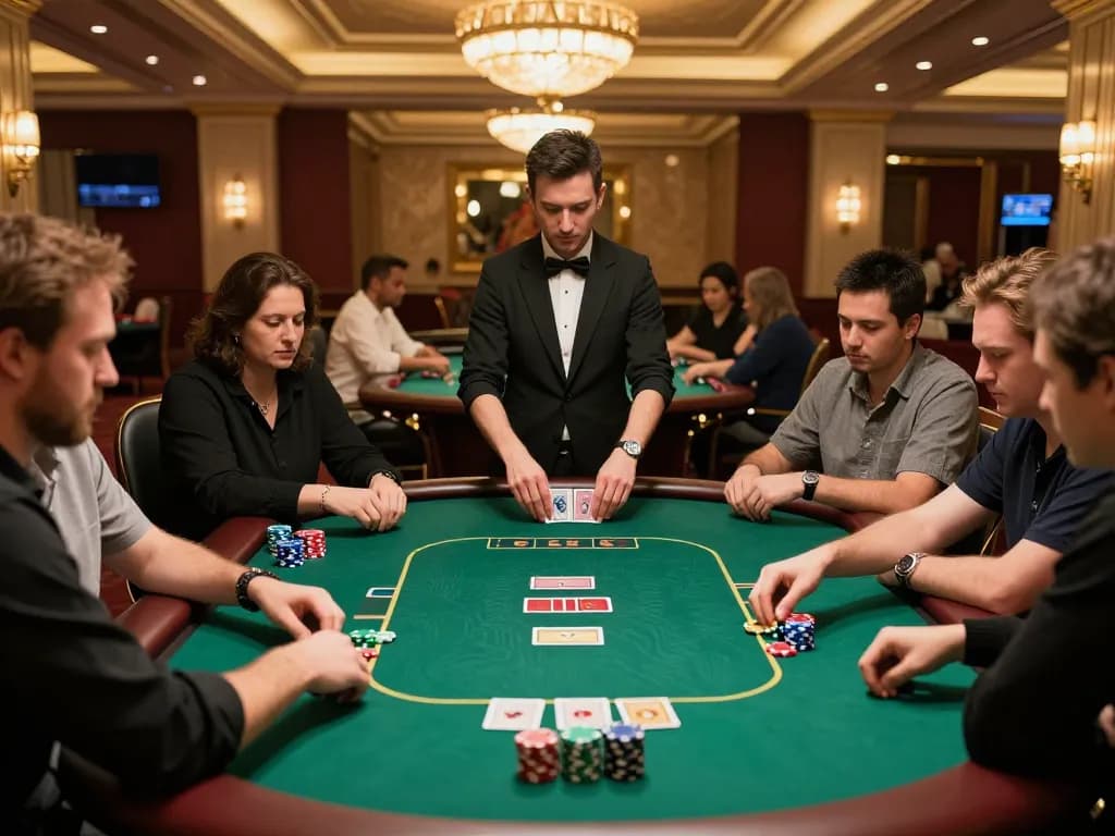 FB88 players strategizing bets at an upscale poker table, immersed in a thrilling casino experience