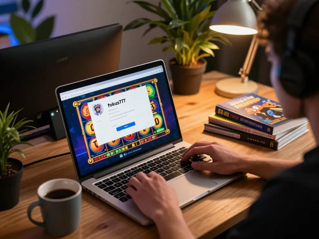 Engaging in Fokus777 login for online slot gaming with vibrant reels on the screen.