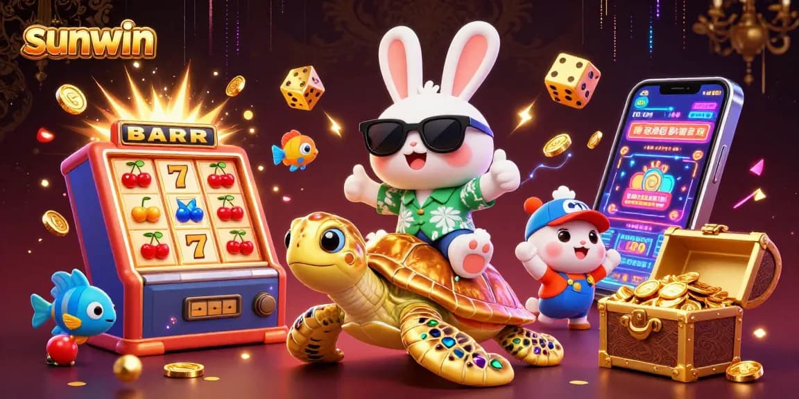 Enjoy exhilarating slots at sunwin with a lucky rabbit and golden sea turtle in a vibrant casino scene.