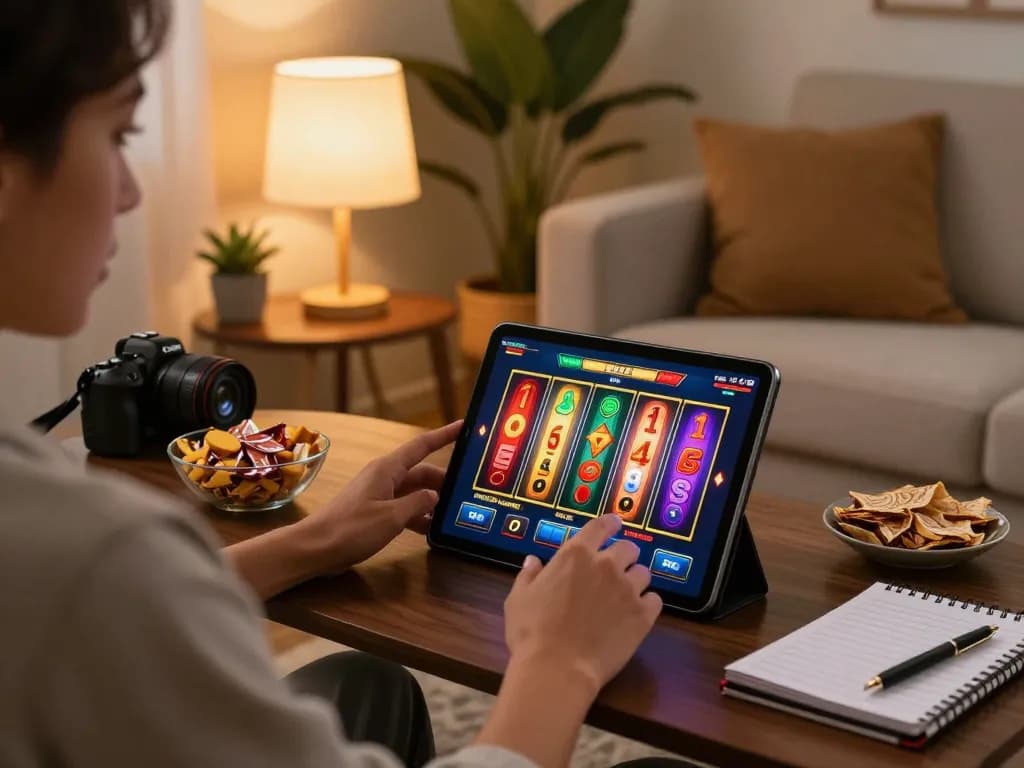 Player enjoying cucu777 slot game on tablet in cozy home setting with snacks and strategy notes.