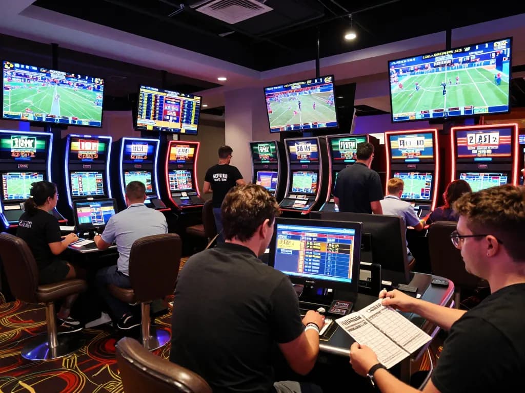 Soi kèo nhà cái with excited bettors in a lively sports betting environment at a modern casino.