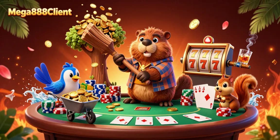 Experience the thrill of Mega888Client as the cartoon beaver collects golden coins in a lively casino scene.