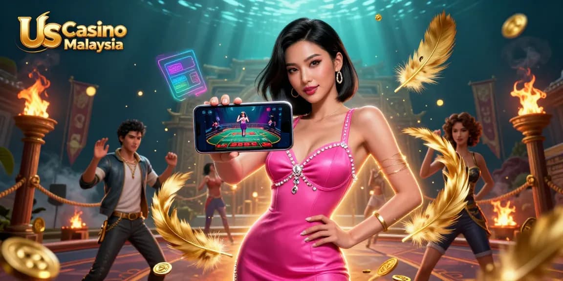 Experience thrilling live dealer games with Us Casino Malaysia in a vibrant casino-themed illustration.