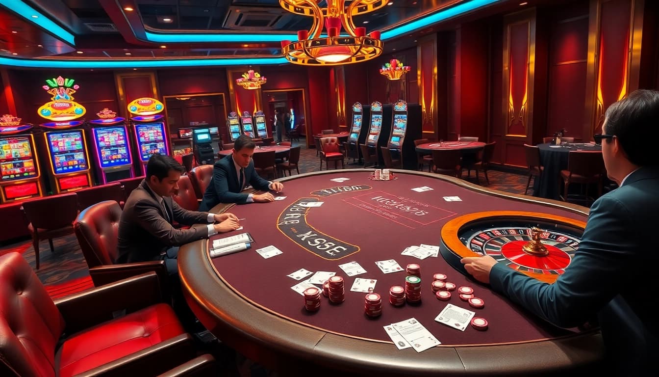 Engage in high-stakes poker at KK55, surrounded by vibrant slot machines and a luxe casino atmosphere.