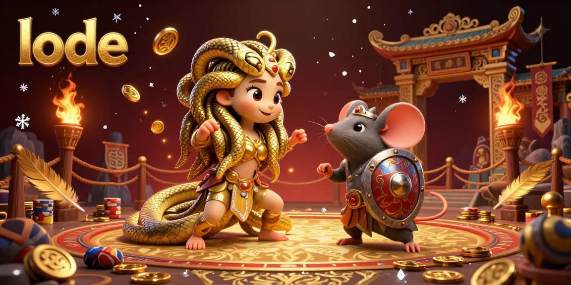 Engage with lode's exciting online gambling experience featuring Medusa and a warrior mouse in action.