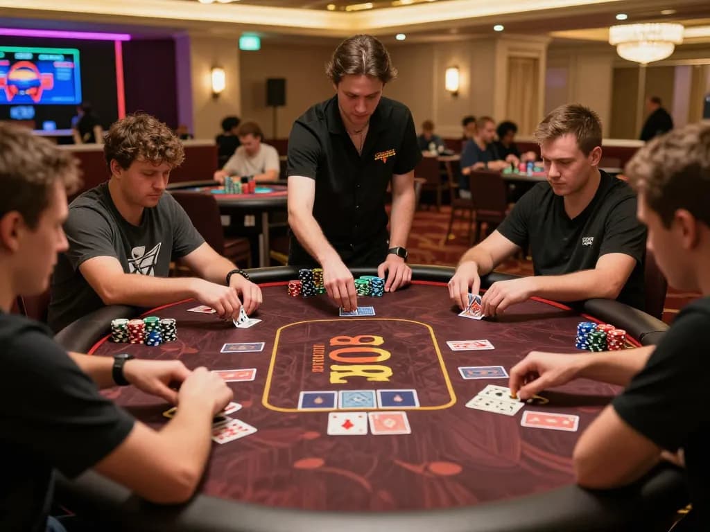 Strategic poker gameplay at a TT88 table showcases intense decision-making amidst a vibrant casino atmosphere.