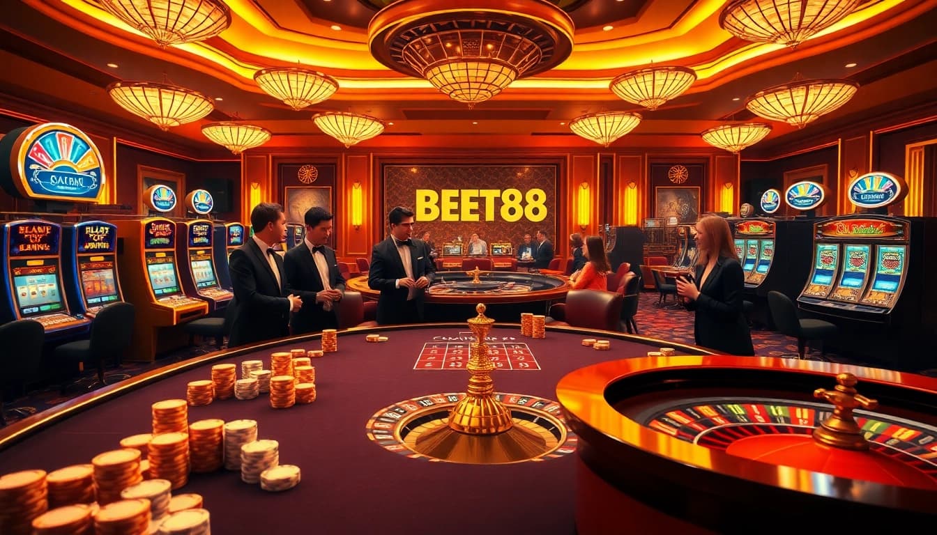 Experience the excitement of gambling at https://bet88b.us.com/ with lively casino elements like poker chips and slot machines.