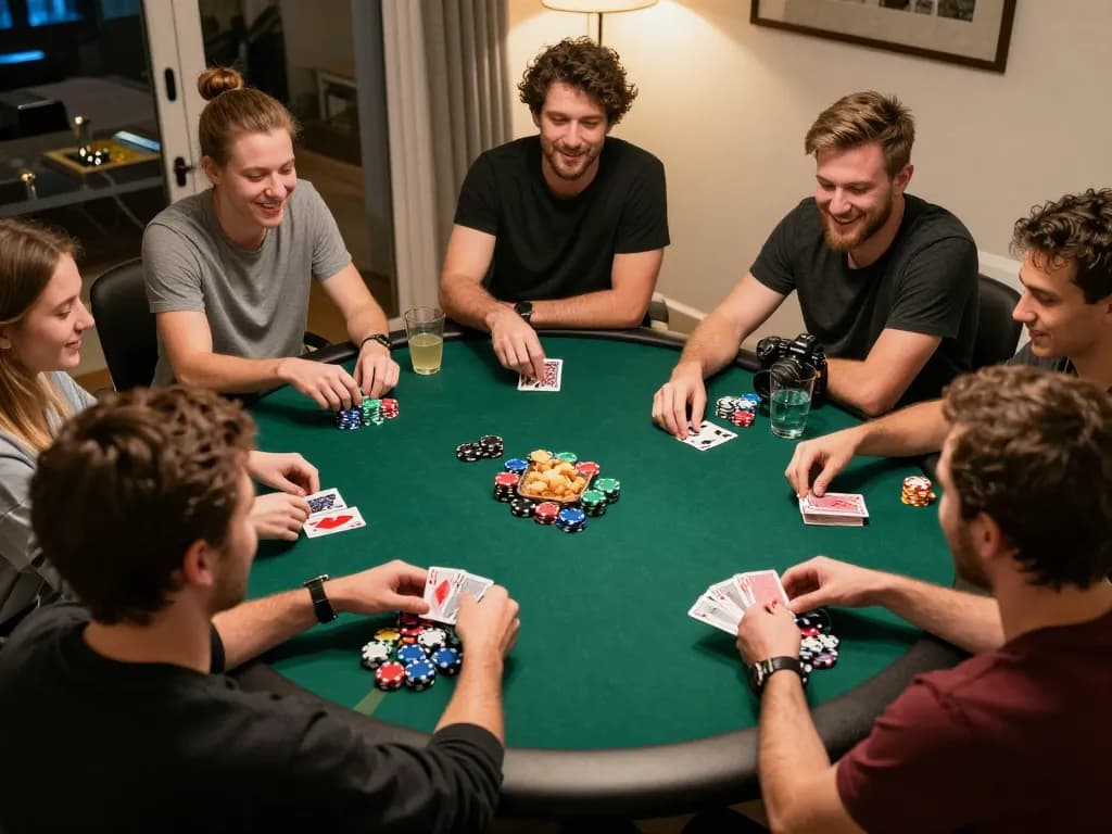 Enjoying poker night with friends at home, featuring God55 themed gameplay and friendly competition