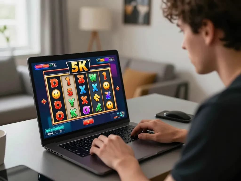 Player engaged with a slot 5k machine during an online gaming session, showcasing an immersive gaming environment.