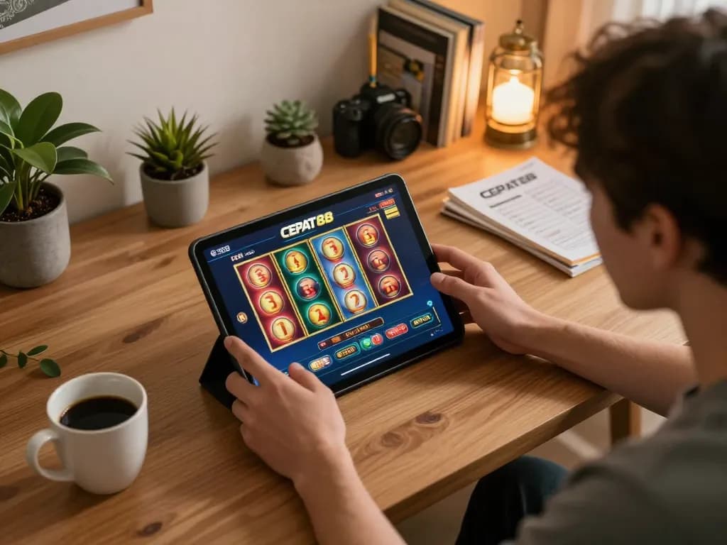Pemain terlibat menggunakan CEPAT88 untuk permainan slot daring di tablet dalam suasana rumah yang nyaman dengan catatan strategis.