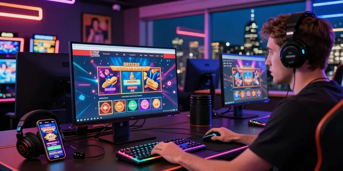 Engaged player exploring new UK casino sites on computer with vibrant game graphics.