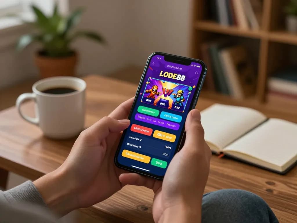 Placing bets on LODE88 app during a cozy home gaming session, highlighting smartphone usage.