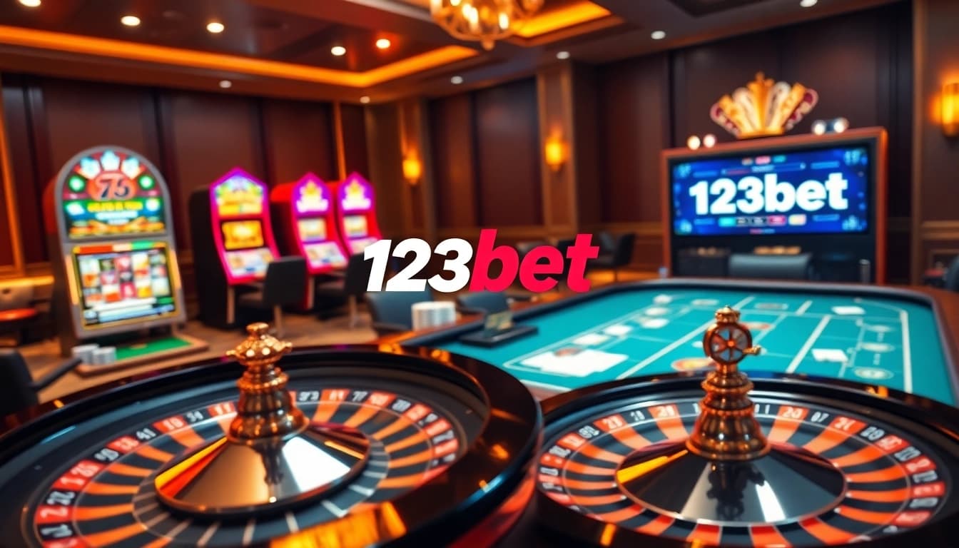 Experience the excitement of gambling at 123bet with a vibrant online casino scene featuring poker, slots, and roulette.