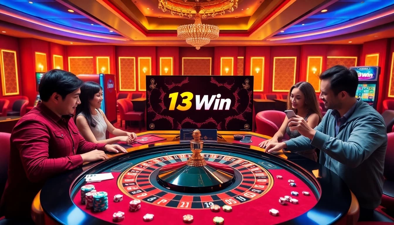 A lively casino scene at 13Win featuring players at a roulette table and vibrant poker chips.