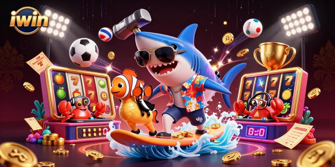 iwin slot game scene featuring a hammer-head shark and a clownfish surrounded by vibrant casino elements.