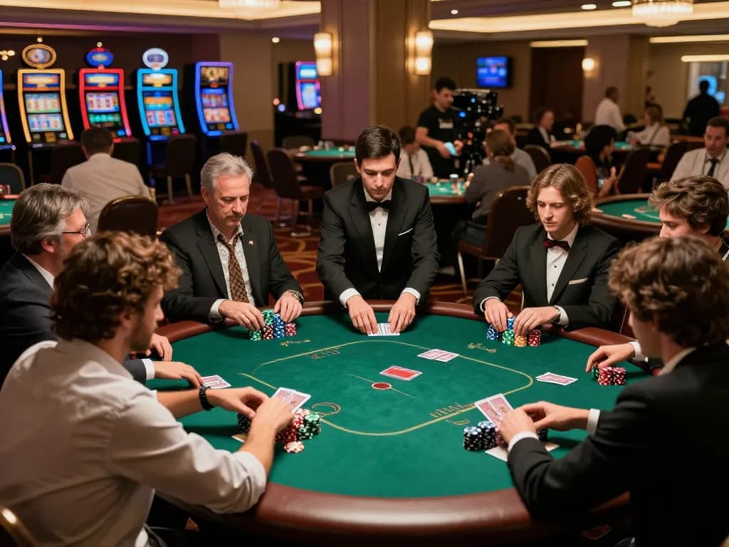 sunwin poker players strategizing with dealer in upscale casino, vibrant lights