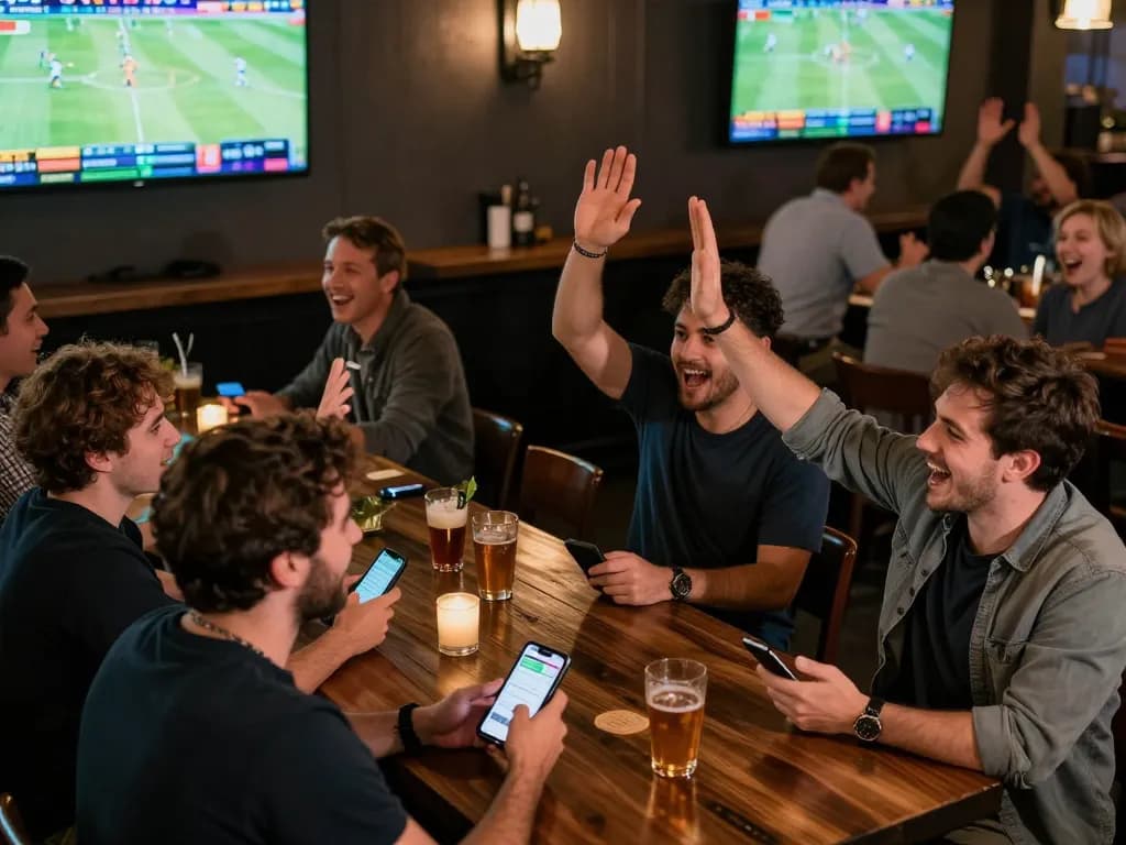 Fans cheering for a ku win at a crowded sports bar with active betting screens.