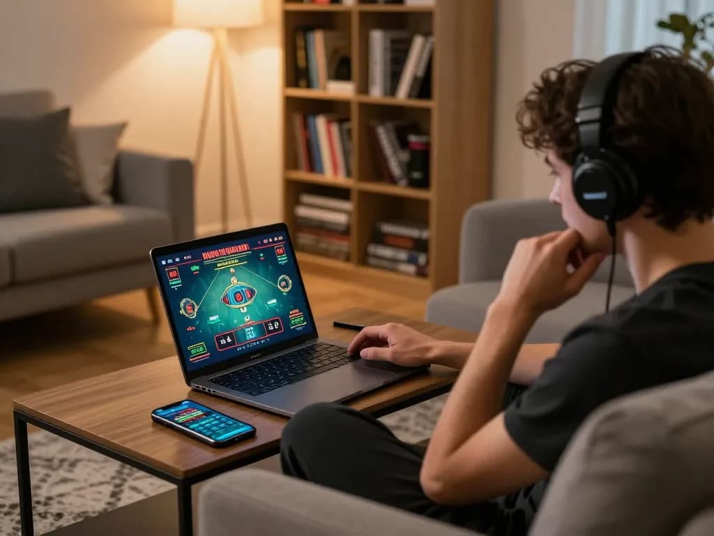 Person playing ta88 online casino game on laptop at home, showcasing responsible gambling.