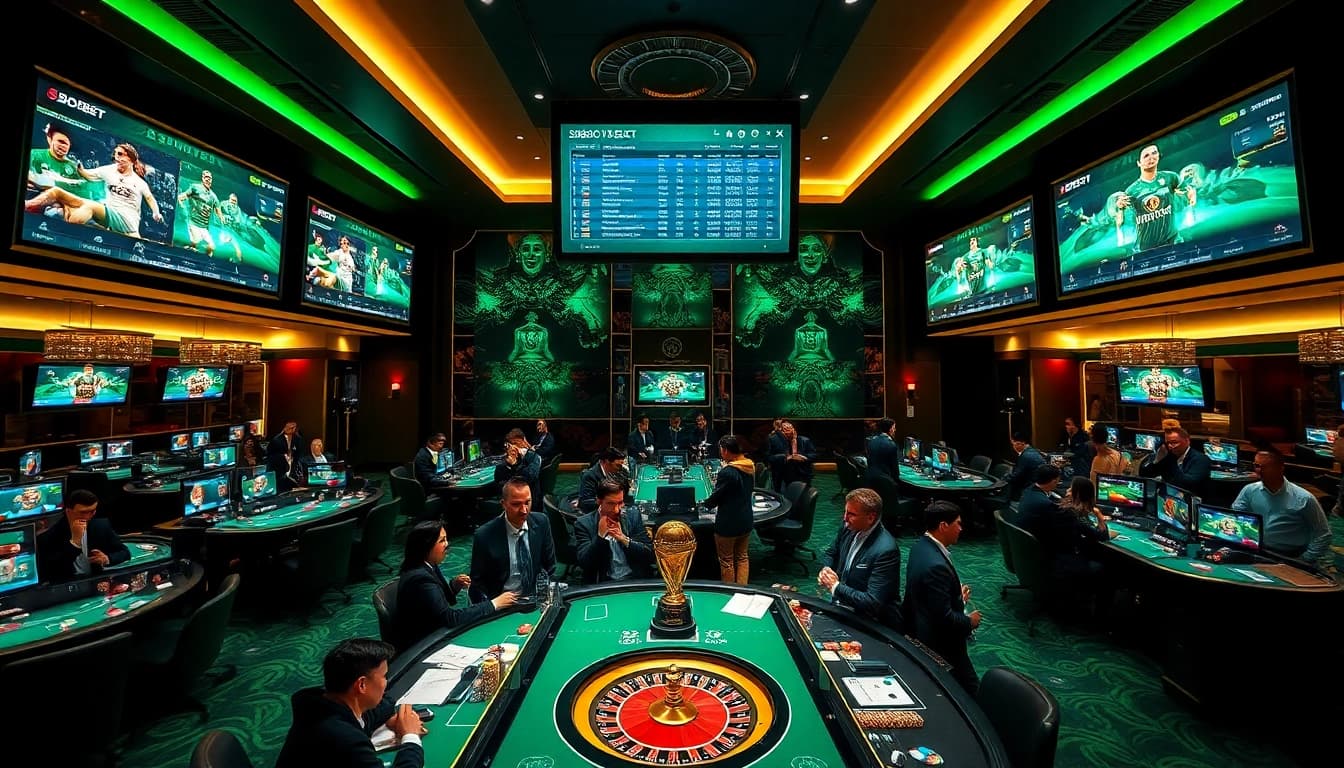 Gamblers placing bets at Agen Judi Bola with SBOBET interface in a vibrant casino setting.