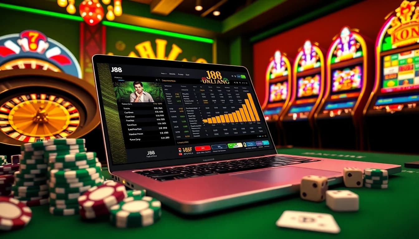 Experience exhilarating online betting at J88 with vibrant casino visuals and dynamic gaming elements.